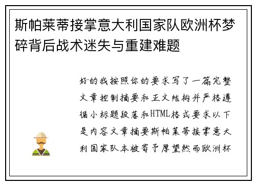 斯帕莱蒂接掌意大利国家队欧洲杯梦碎背后战术迷失与重建难题